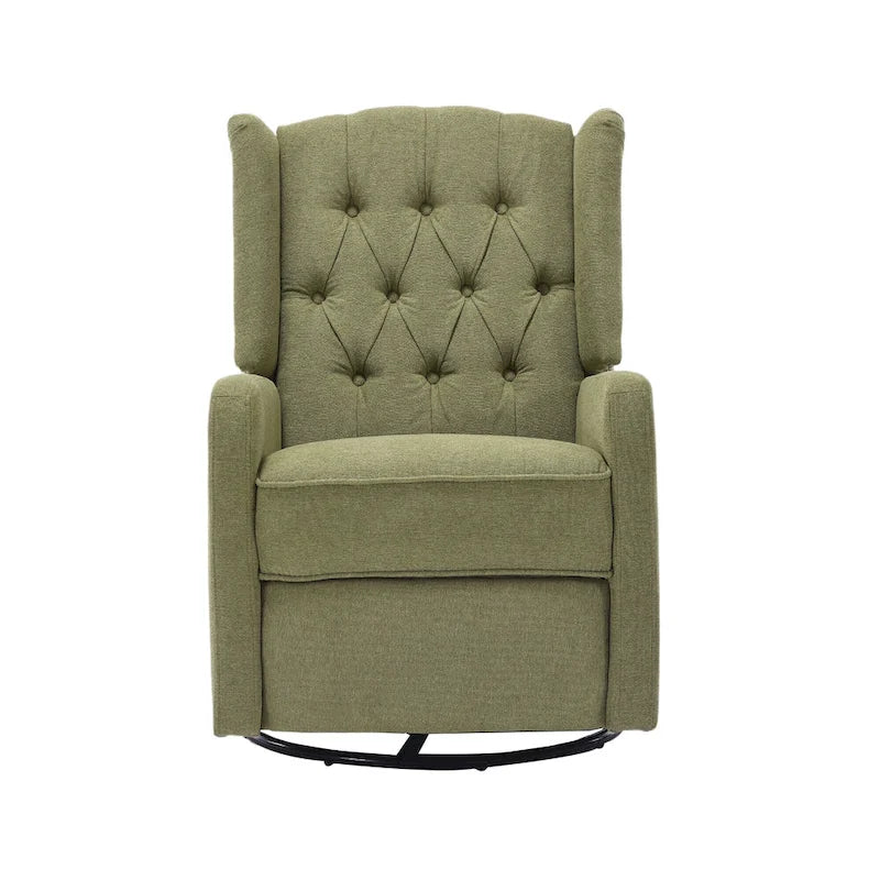 Olive Green Linen Swivel Glider Rocker Recliner with Button-Tufted Backrest and Footrest