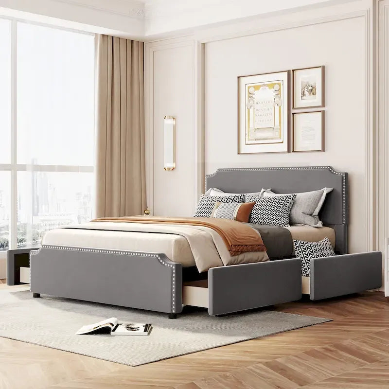 Velvet Queen Platform Bed with Four Drawers and Nailhead Trim