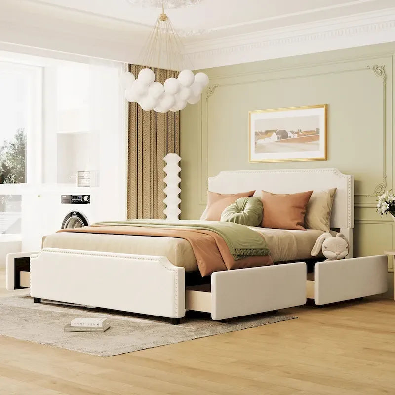 Velvet Queen Platform Bed with Four Drawers and Nailhead Trim