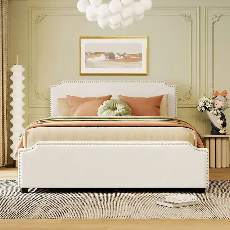 Velvet Queen Platform Bed with Four Drawers and Nailhead Trim