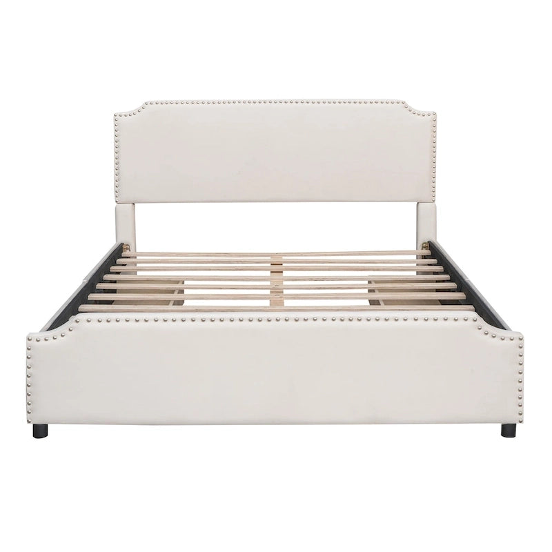 Velvet Queen Platform Bed with Four Drawers and Nailhead Trim