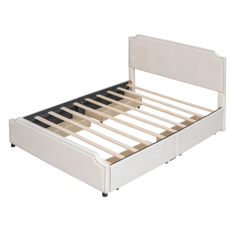 Velvet Queen Platform Bed with Four Drawers and Nailhead Trim