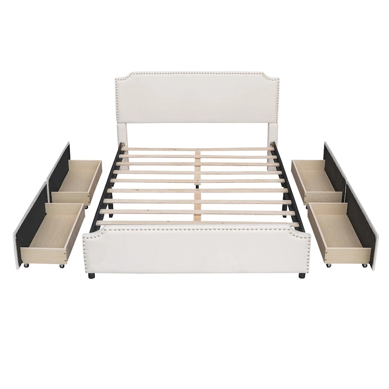 Velvet Queen Platform Bed with Four Drawers and Nailhead Trim