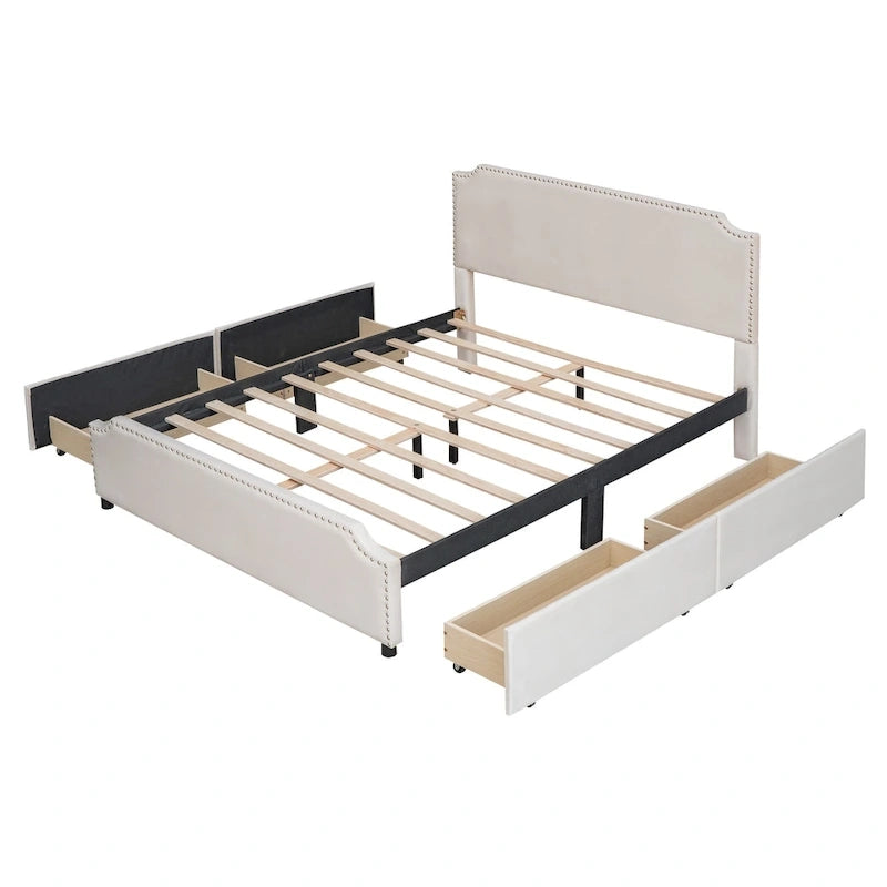 Velvet Queen Platform Bed with Four Drawers and Nailhead Trim