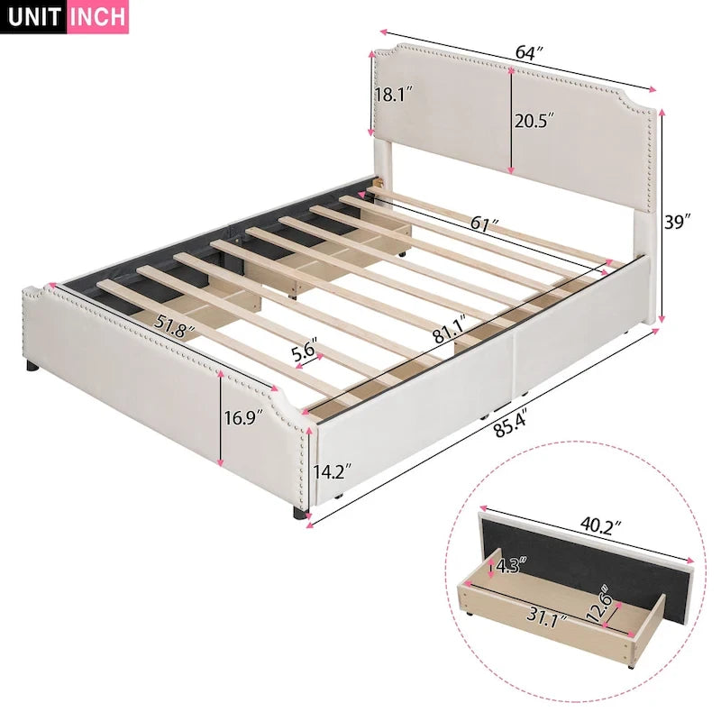Velvet Queen Platform Bed with Four Drawers and Nailhead Trim