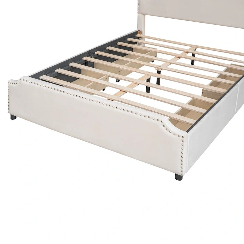 Velvet Queen Platform Bed with Four Drawers and Nailhead Trim