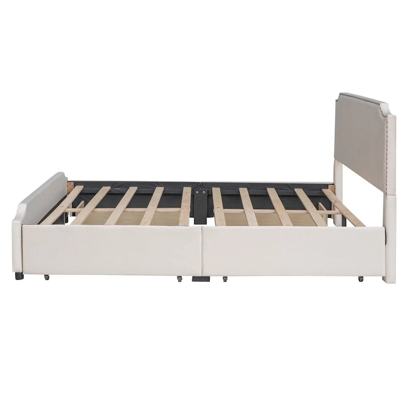 Velvet Queen Platform Bed with Four Drawers and Nailhead Trim