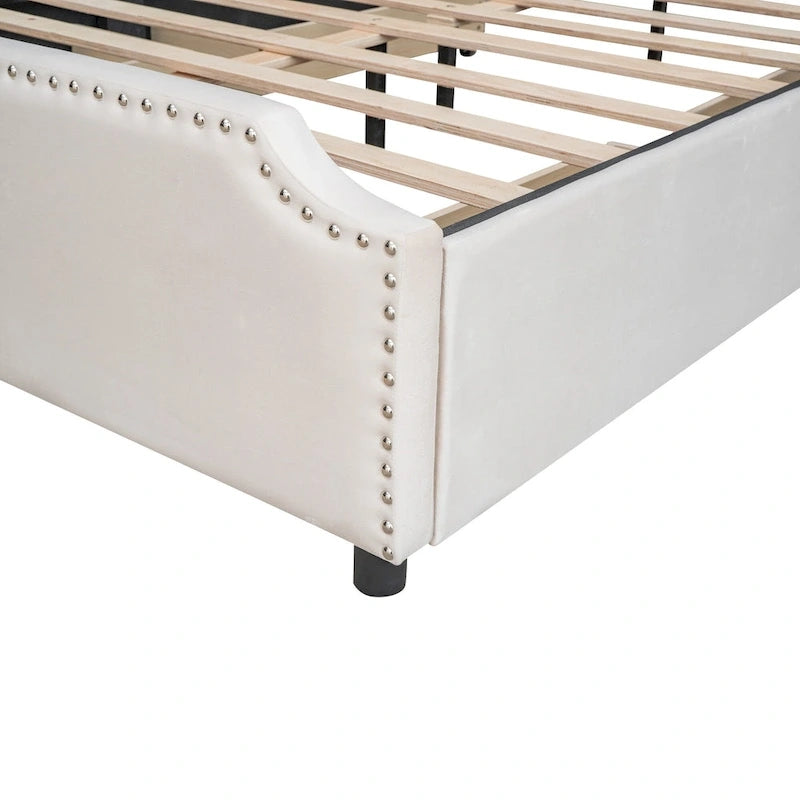 Velvet Queen Platform Bed with Four Drawers and Nailhead Trim