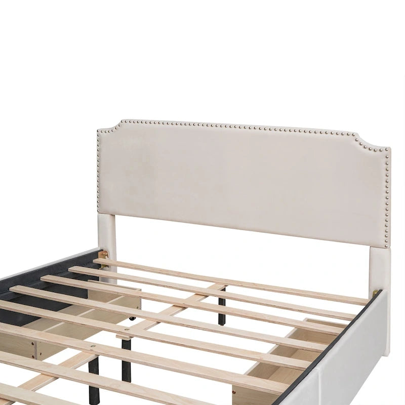 Velvet Queen Platform Bed with Four Drawers and Nailhead Trim
