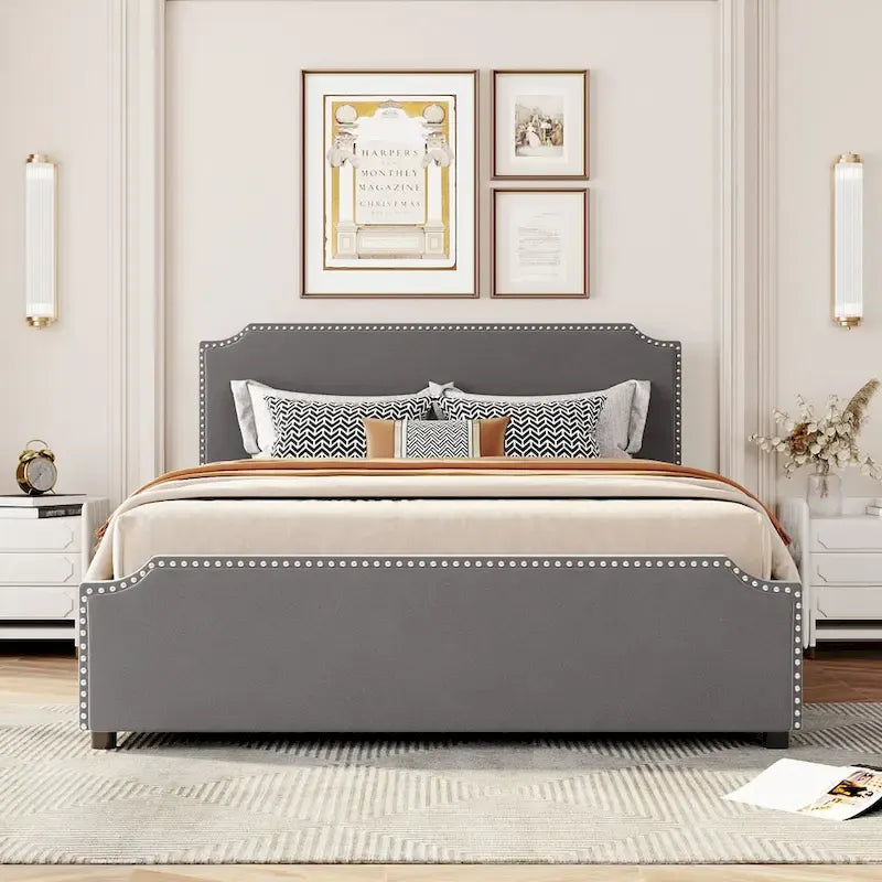 Velvet Queen Platform Bed with Four Drawers and Nailhead Trim