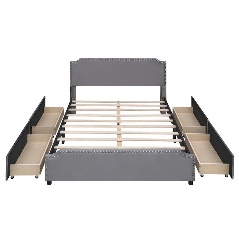 Velvet Queen Platform Bed with Four Drawers and Nailhead Trim