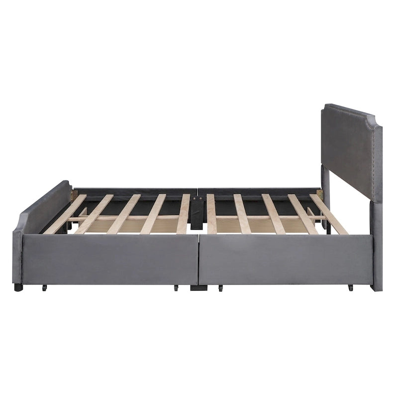 Velvet Queen Platform Bed with Four Drawers and Nailhead Trim