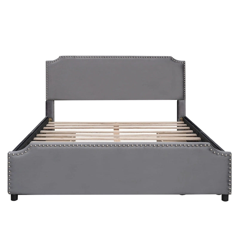Velvet Queen Platform Bed with Four Drawers and Nailhead Trim