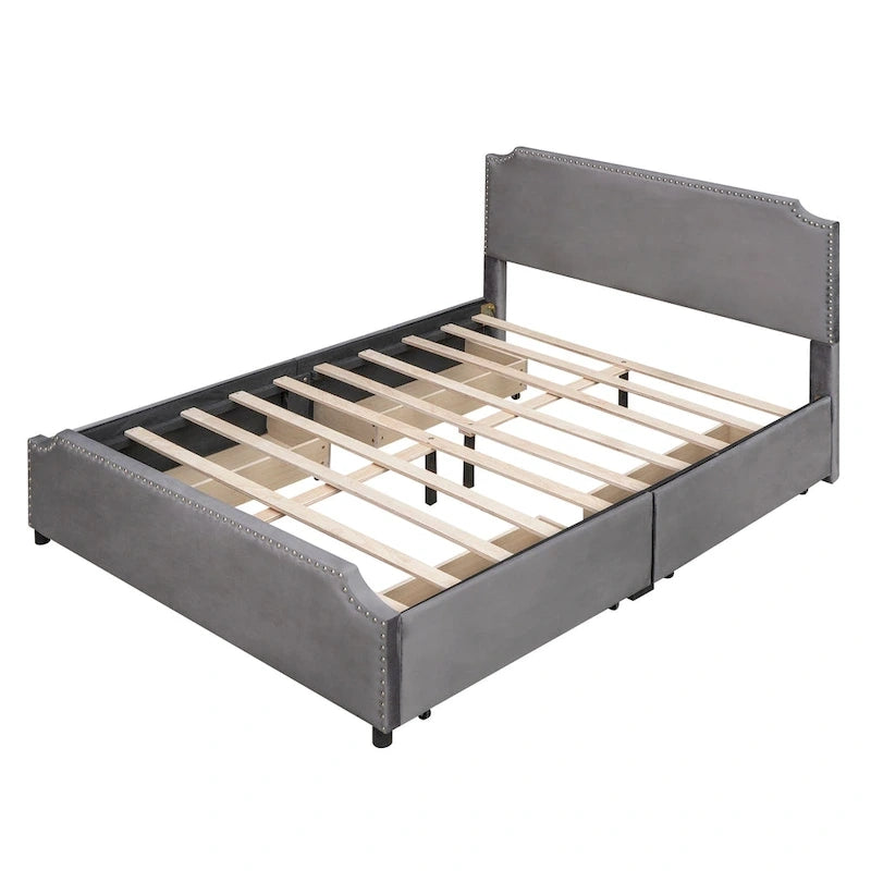 Velvet Queen Platform Bed with Four Drawers and Nailhead Trim