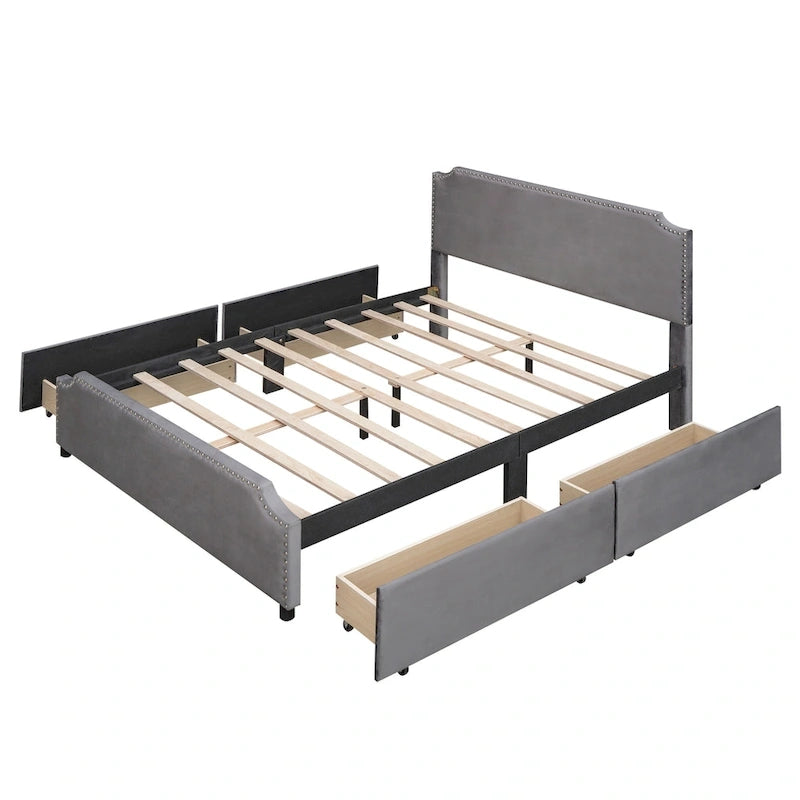 Velvet Queen Platform Bed with Four Drawers and Nailhead Trim