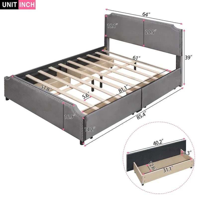 Velvet Queen Platform Bed with Four Drawers and Nailhead Trim