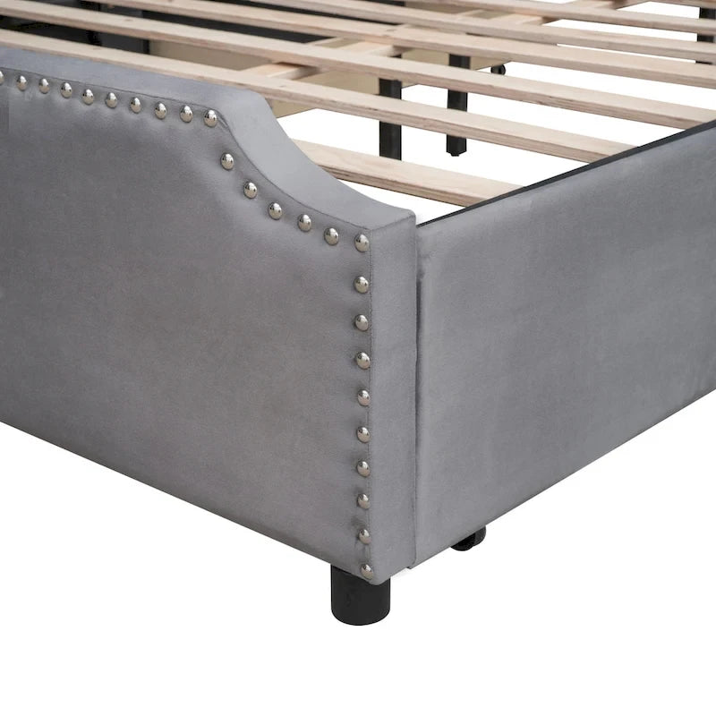 Velvet Queen Platform Bed with Four Drawers and Nailhead Trim