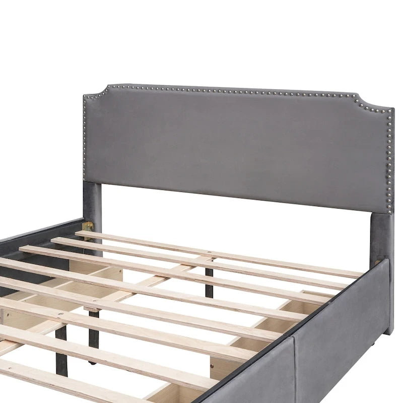Velvet Queen Platform Bed with Four Drawers and Nailhead Trim