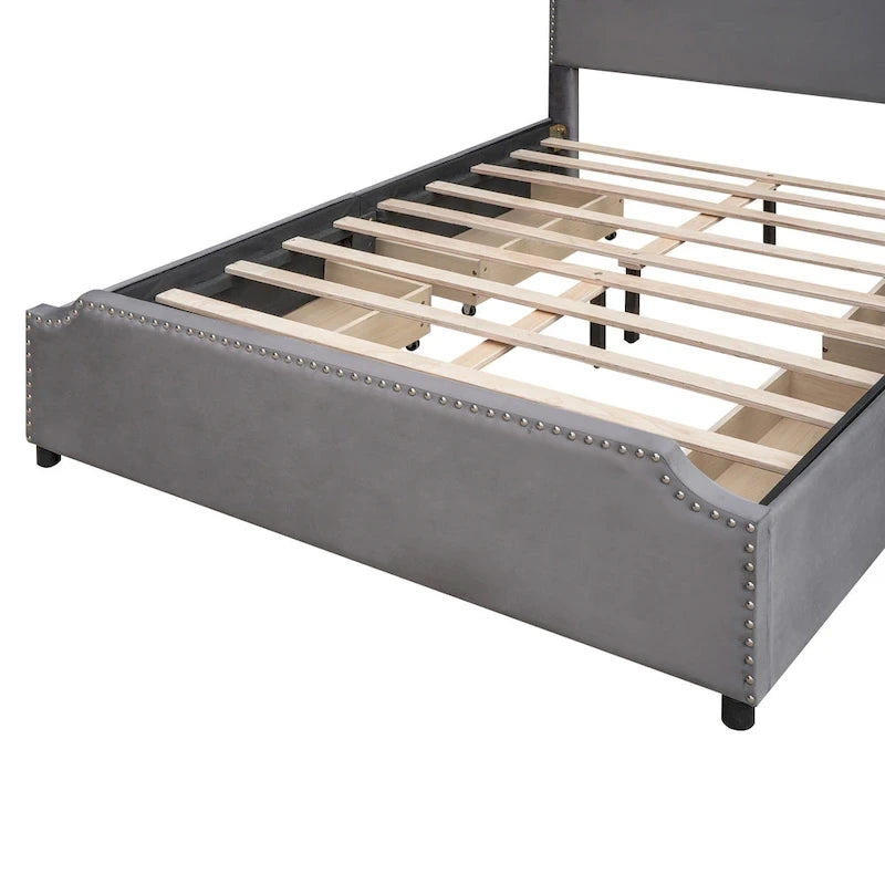 Velvet Queen Platform Bed with Four Drawers and Nailhead Trim