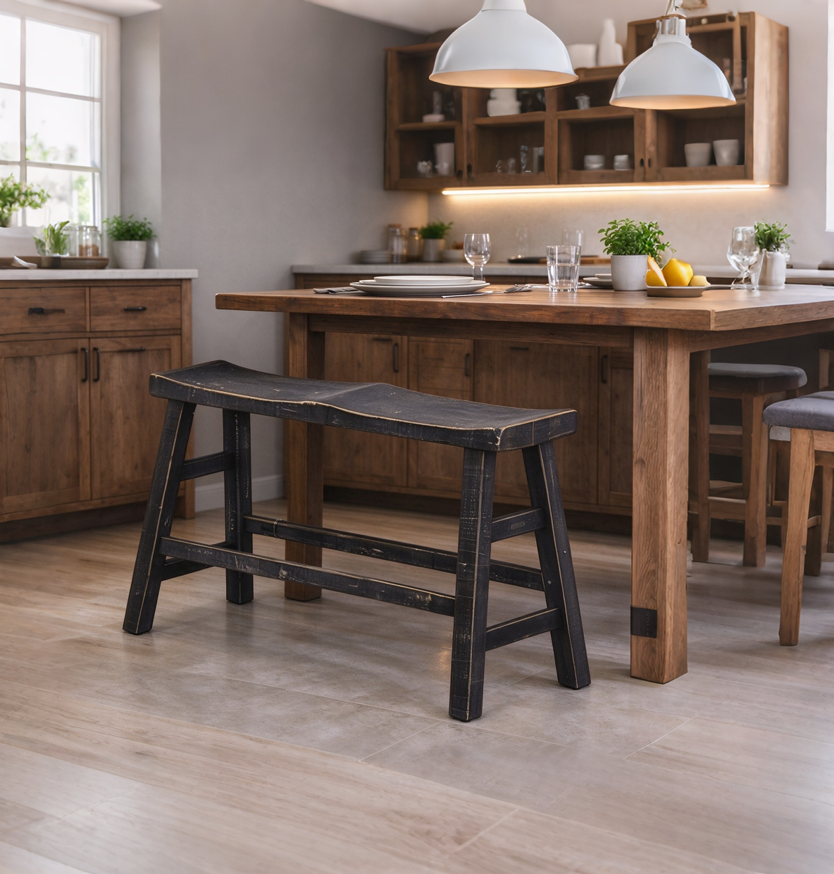 Banco de altura de barra, estructura de madera de caoba negra rústica de 33 pulgadas