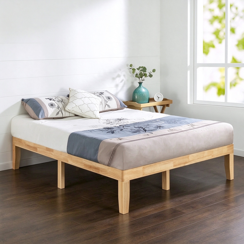 Estructura de cama con plataforma tamaño King de madera maciza con acabado natural