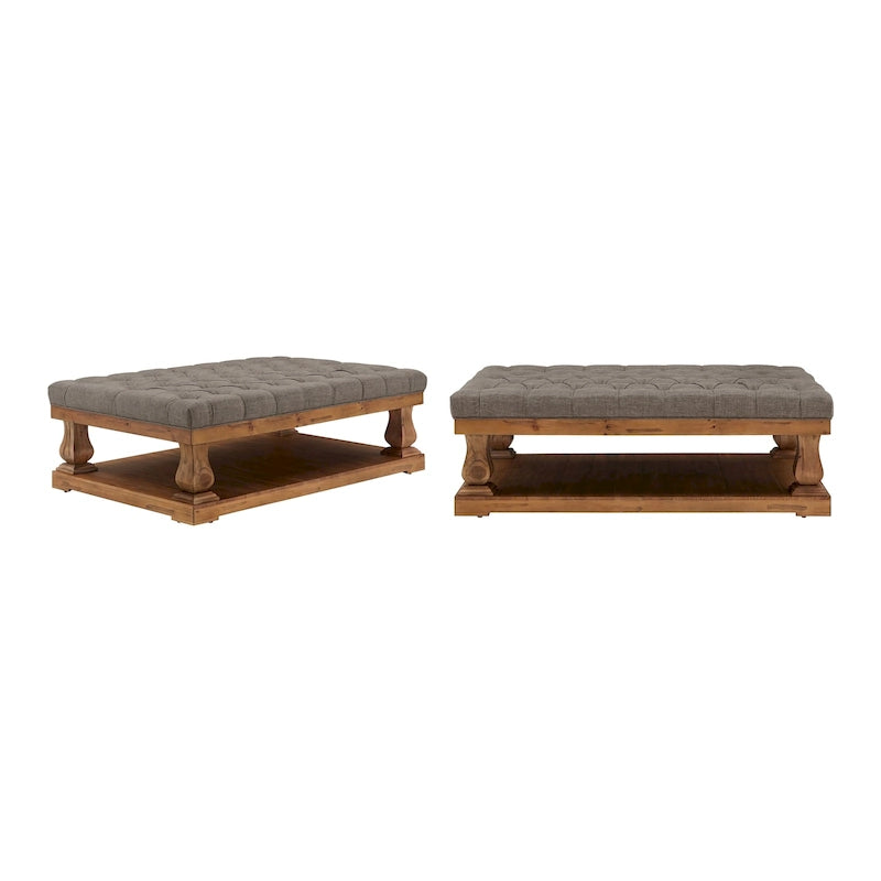 Tufted Rectangular Ottoman with Wood Shelf