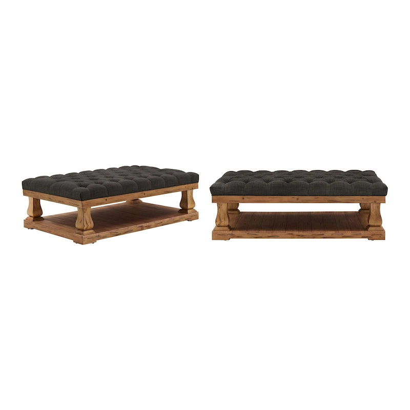 Tufted Rectangular Ottoman with Wood Shelf