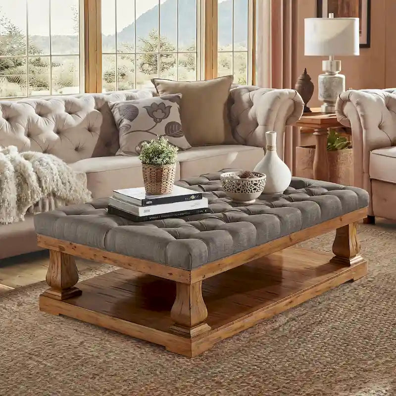 Tufted Rectangular Ottoman with Wood Shelf
