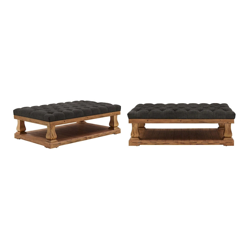 Tufted Rectangular Ottoman with Wood Shelf
