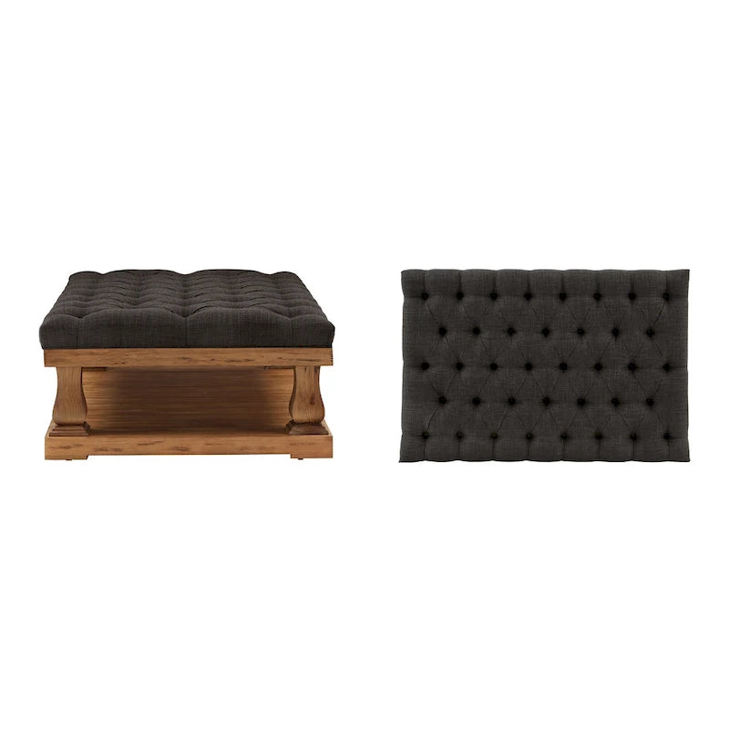 Tufted Rectangular Ottoman with Wood Shelf