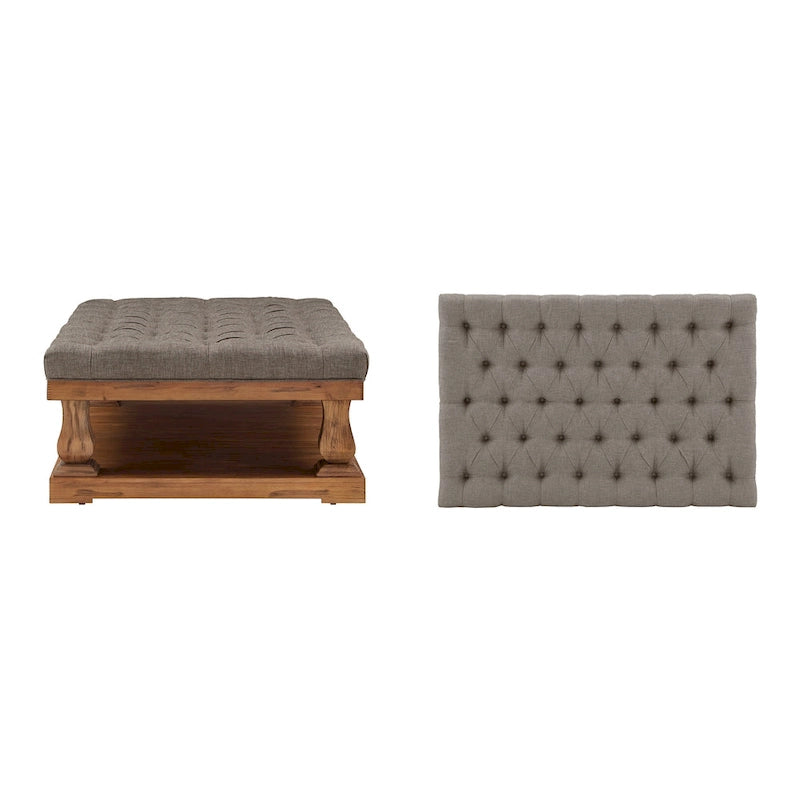 Tufted Rectangular Ottoman with Wood Shelf
