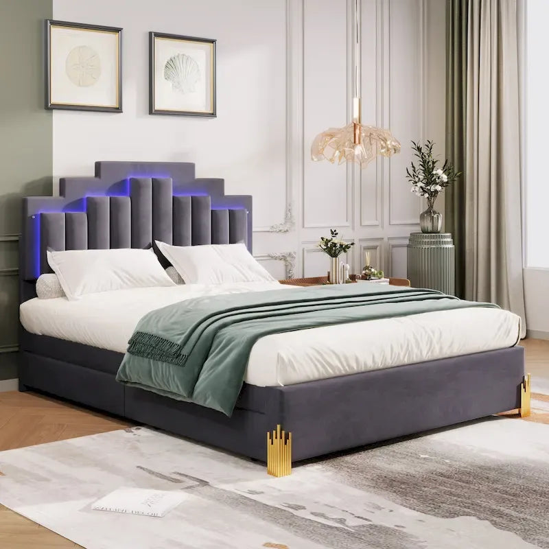 Queen Upholstered Platform Bed with LED Lights and Four Storage Drawers