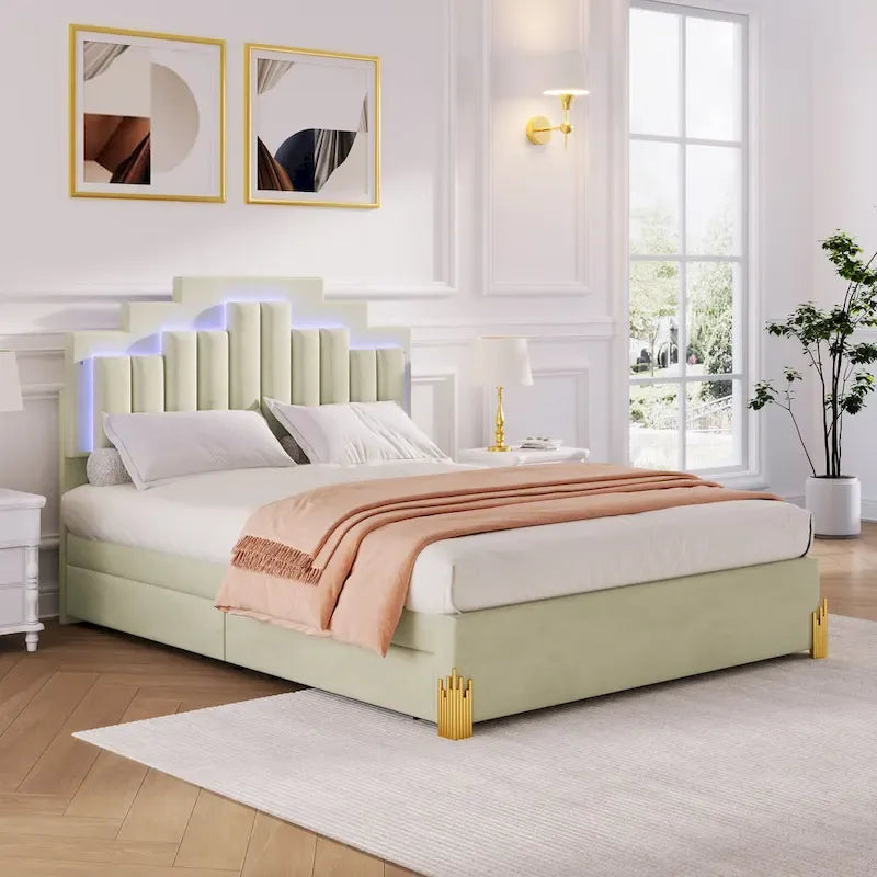 Queen Upholstered Platform Bed with LED Lights and Four Storage Drawers
