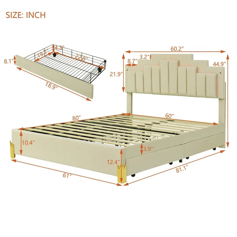 Queen Upholstered Platform Bed with LED Lights and Four Storage Drawers