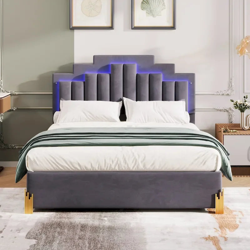 Queen Upholstered Platform Bed with LED Lights and Four Storage Drawers
