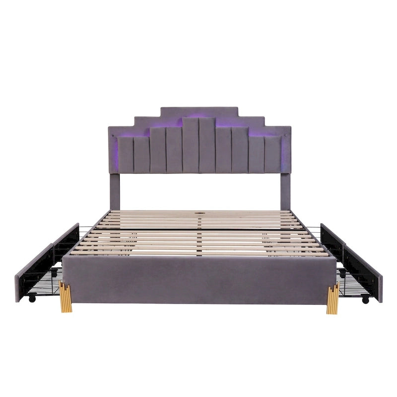 Queen Upholstered Platform Bed with LED Lights and Four Storage Drawers