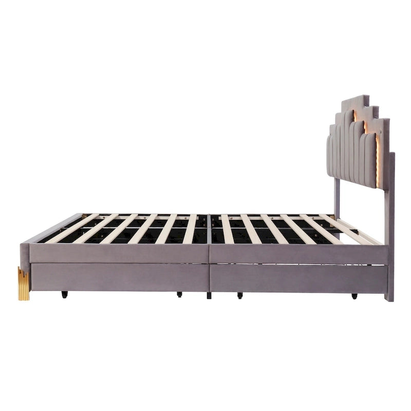 Queen Upholstered Platform Bed with LED Lights and Four Storage Drawers