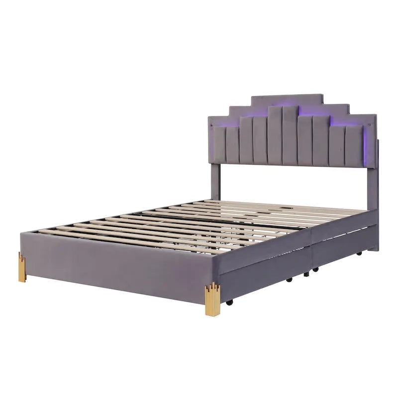 Queen Upholstered Platform Bed with LED Lights and Four Storage Drawers
