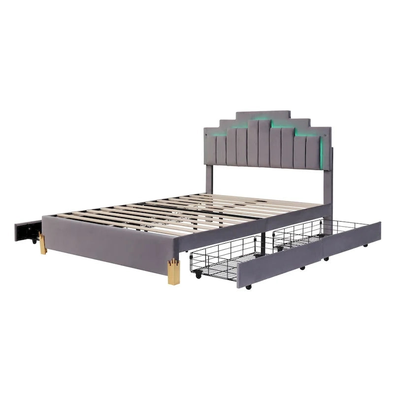 Queen Upholstered Platform Bed with LED Lights and Four Storage Drawers