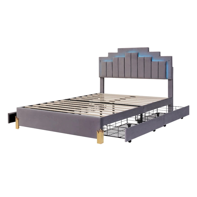 Queen Upholstered Platform Bed with LED Lights and Four Storage Drawers
