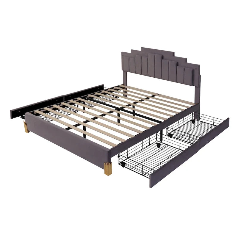 Queen Upholstered Platform Bed with LED Lights and Four Storage Drawers