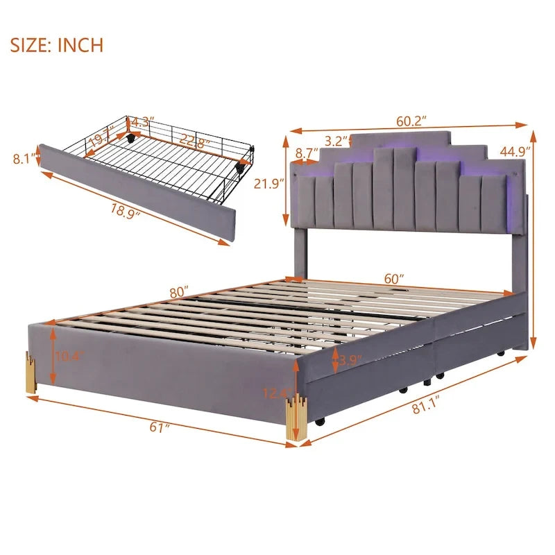 Queen Upholstered Platform Bed with LED Lights and Four Storage Drawers