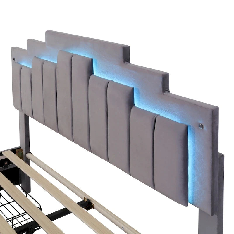 Queen Upholstered Platform Bed with LED Lights and Four Storage Drawers