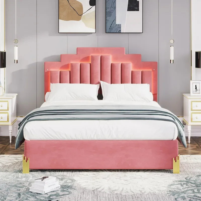 Queen Upholstered Platform Bed with LED Lights and Four Storage Drawers