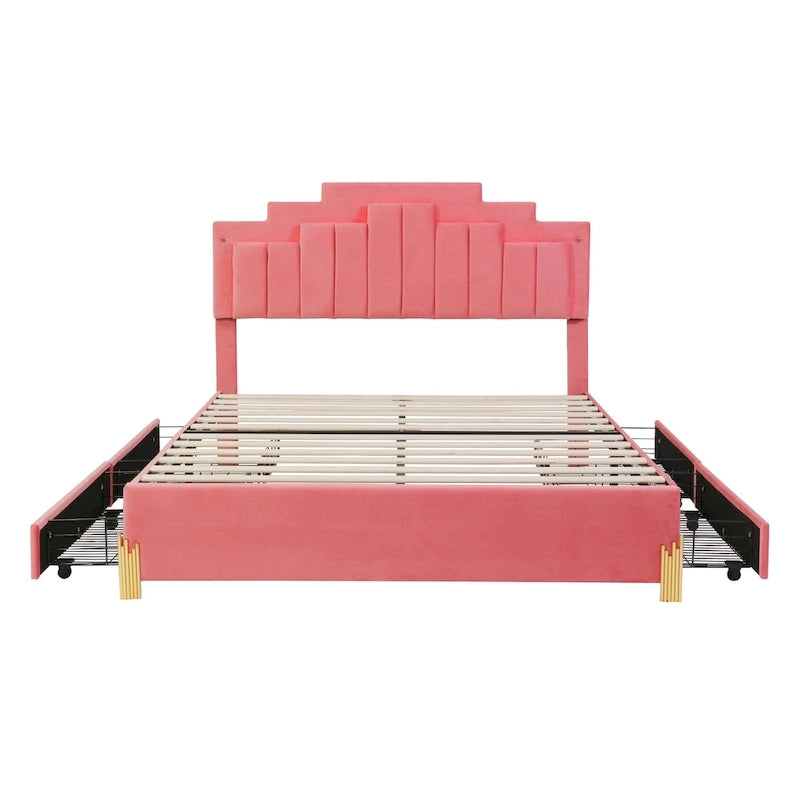 Queen Upholstered Platform Bed with LED Lights and Four Storage Drawers