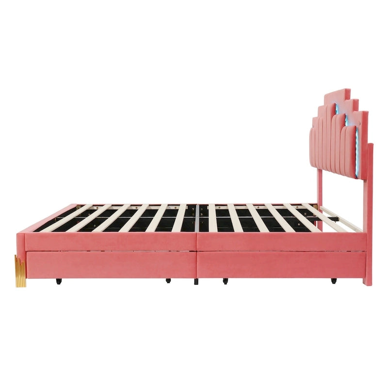 Queen Upholstered Platform Bed with LED Lights and Four Storage Drawers