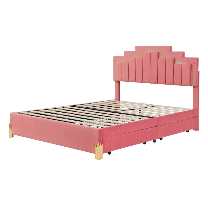 Queen Upholstered Platform Bed with LED Lights and Four Storage Drawers
