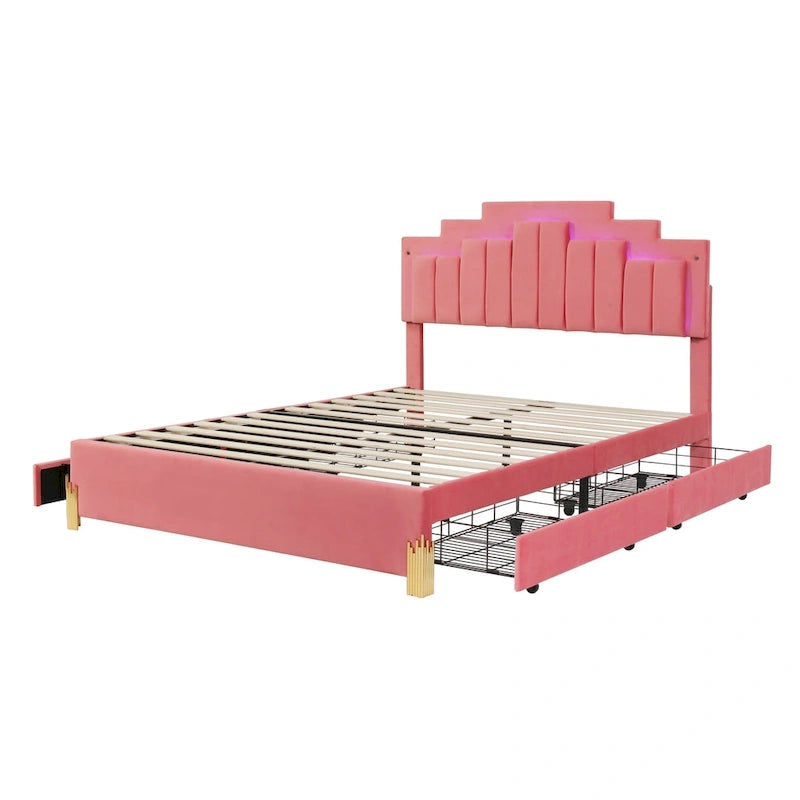 Queen Upholstered Platform Bed with LED Lights and Four Storage Drawers