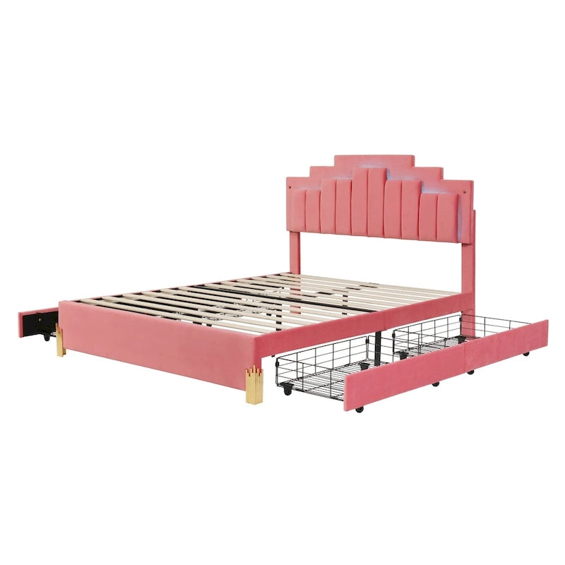 Queen Upholstered Platform Bed with LED Lights and Four Storage Drawers