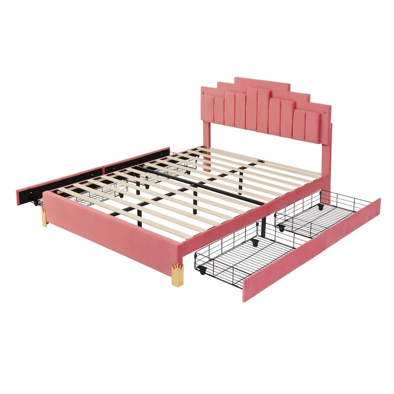Queen Upholstered Platform Bed with LED Lights and Four Storage Drawers